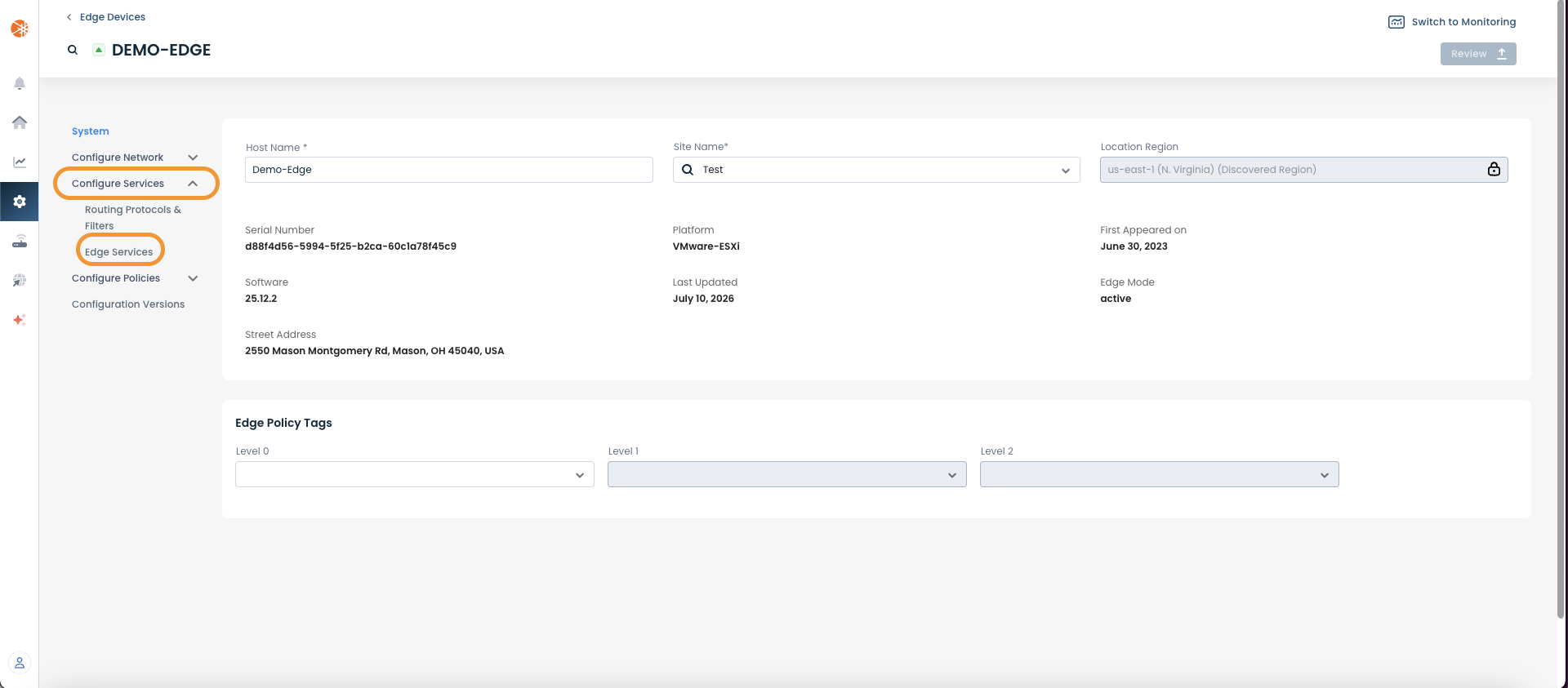 Configuration settings for the Demo-Edge device, including network and service details.